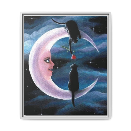 Framed Matte Canvas Moon Cats Wall Art — Whimsical Night Sky Print