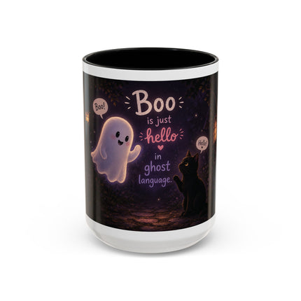 Halloween Ghost Coffee Mug — “Boo is just hello in ghost language” Accent Mug