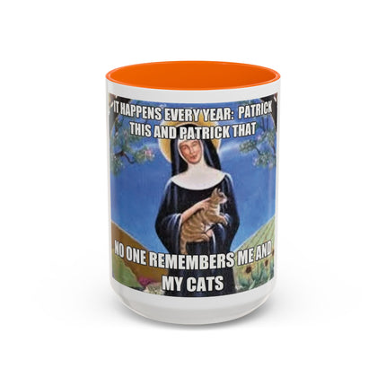 Saint with Cats Coffee Mug – "No One Remembers Me and My Cats" Accent Mug