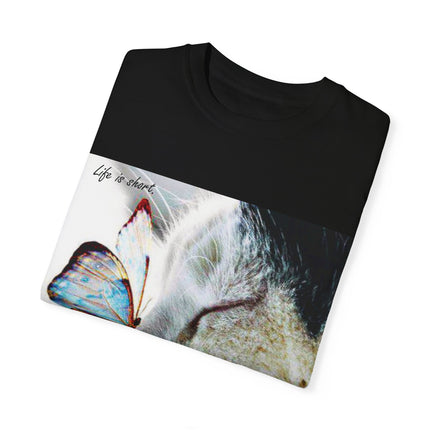 Inspirational Cat & Butterfly T-Shirt | Life is Short Quote