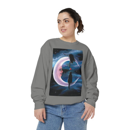 Moonlit Cats Sweatshirt —Whimsical Crescent Moon & Black Cat Graphic