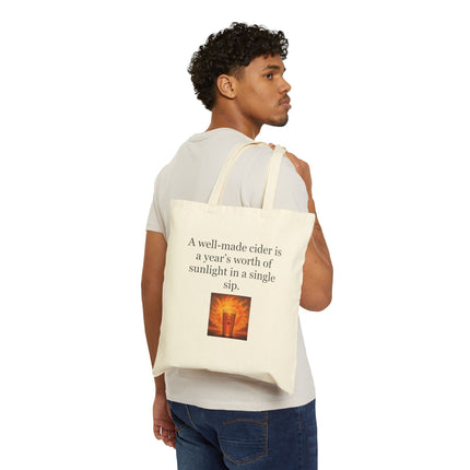 Canvas Tote Bag – “A well-made cider is a year’s worth of sunlight in a single sip” Quote Tote (Rustic Cider Design)