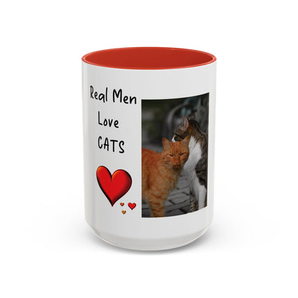 Coffee Mug — "Real Men Love Cats" Accent Ceramic Mug with Cat Photo (11/15 oz)