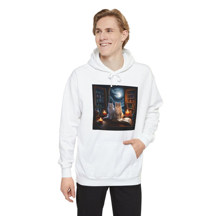 Mystic Cat Library Hoodie — Moonlit Cats, Candles & Spellbook Graphic Hoodie