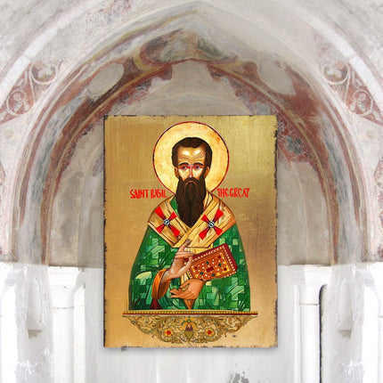 Saint Basil Wooden Gold Plated Religious Christian Sacred Icon - Inspirational Icon Decor - 85053-3