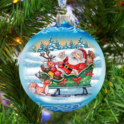 Reindeers Ride Santa Glass Ornament by G. DeBrekht - Christmas Santa Snowman Decor - 73363-2