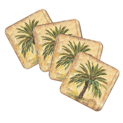 Palm Tree Coastal Wooden Cork Coasters Gift Set of 4 by Nature Wonders - Coastal Sea-Life Decor - 8198630C-S4-4