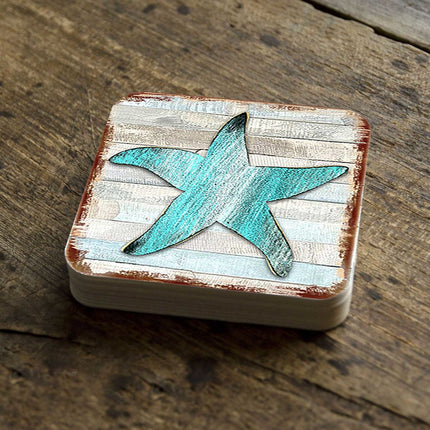Starfish Coastal Wooden Cork Coasters Gift Set of 4 by Nature Wonders - Coastal Sea-Life Decor - 8198531-9C-S4-1