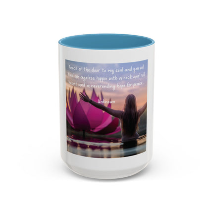 Inspirational Lotus Sunrise Coffee Mug — "knock on the door to my soul"