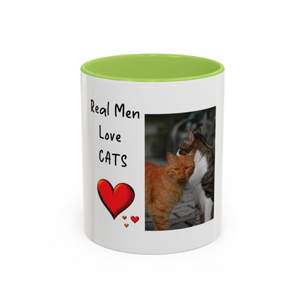Coffee Mug — "Real Men Love Cats" Accent Ceramic Mug with Cat Photo (11/15 oz)