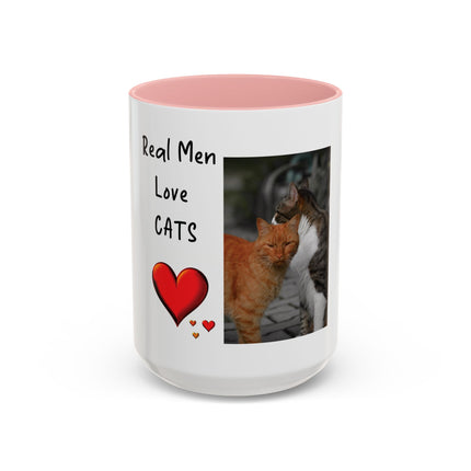 Coffee Mug — "Real Men Love Cats" Accent Ceramic Mug with Cat Photo (11/15 oz)