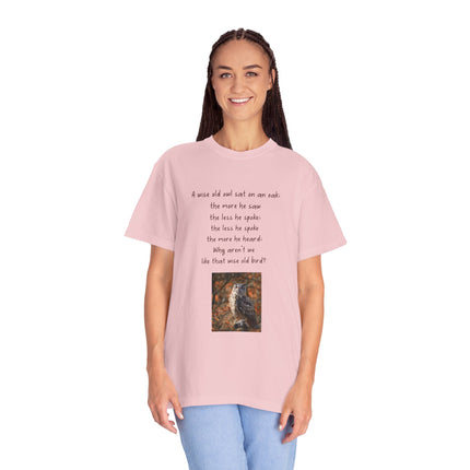 Poem & Owl Graphic T‑Shirt — 'A wise old owl...' Nature Poetry Tee