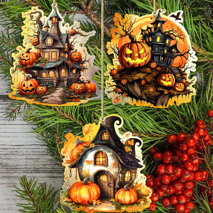 Spooky Houses Decorative Wooden Ornaments of 3 by G. Debrekht - Halloween Decor - 8091007-S3-2