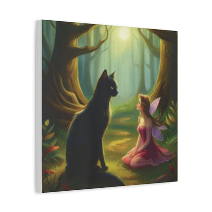 Fairy and Black Cat Canvas Wall Art — Magical Forest Matte Canvas Print