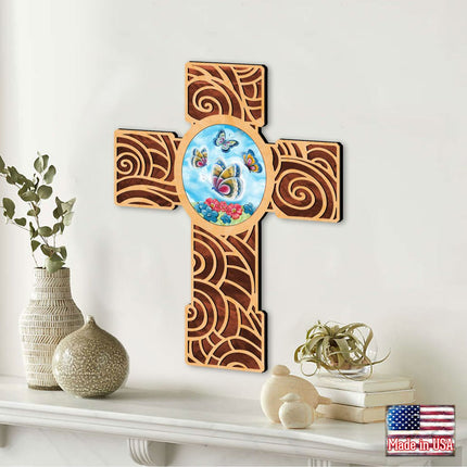 New Life Butterfly Modern Wooden Cross by Museum Icons - Inspirational Icon Decor - 88290-2