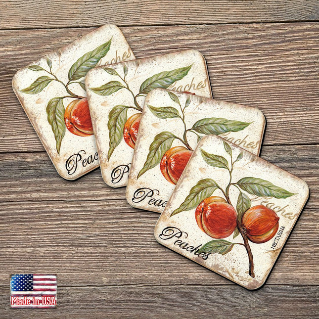 Peaches Wooden Cork Coasters Gift Set of 4 by Nature Wonders - Nature Wildlife Decor  - 8198632C-S4-0
