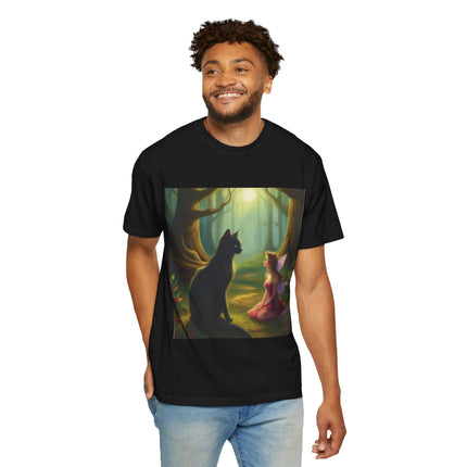Fairy and Black Cat Forest T-Shirt — Enchanted Woodland Magic Tee