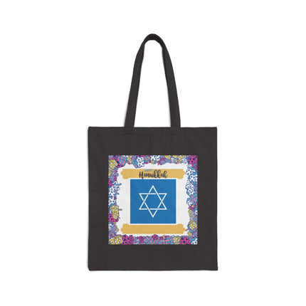 Happy Hanukkah Cotton Canvas Tote Bag — Colorful Dreidel Border & Star of David