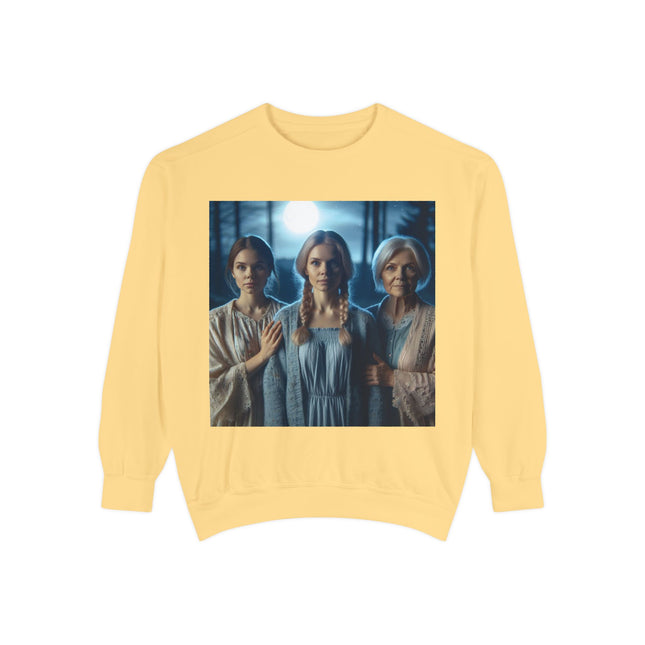 Mystical Sisters Sweatshirt – Garment-Dyed Art of Triple Goddess