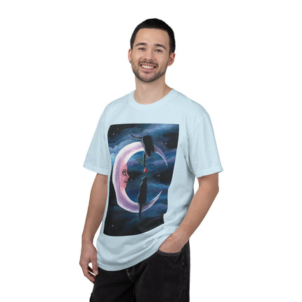 Moonlight Cats Graphic T‑Shirt — Romantic Crescent Moon Art Tee