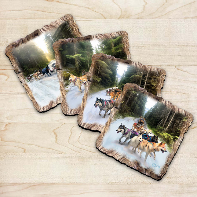 Husky Ride Wooden Cork Coasters Gift Set of 4 by Nature Wonders Nature Wildlife Decor  - 95401C-S4-0