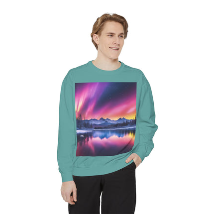 Aurora Lake Crewneck Sweatshirt — Colorful Northern Lights Landscape