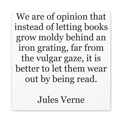 Minimalist unframed canvas print featuring a centered, text‑only Jules Verne quote for book lovers