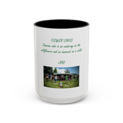 Flower Child Coffee Mug — 'Flower Child' Photo Mug with Green Script (11/15 oz)