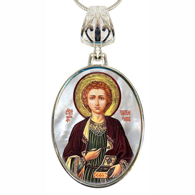 Saint Panteleimon Silver Plated Mother of Pearl Necklace - 43023-0