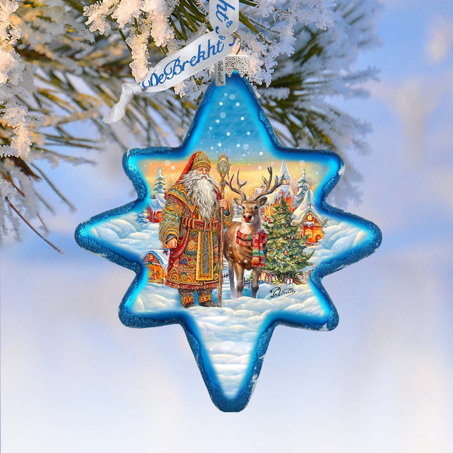Santa with Reindeer Star Glass Ornament by G. Debrekht - Christmas Santa Snowman Decor - 755-050-0