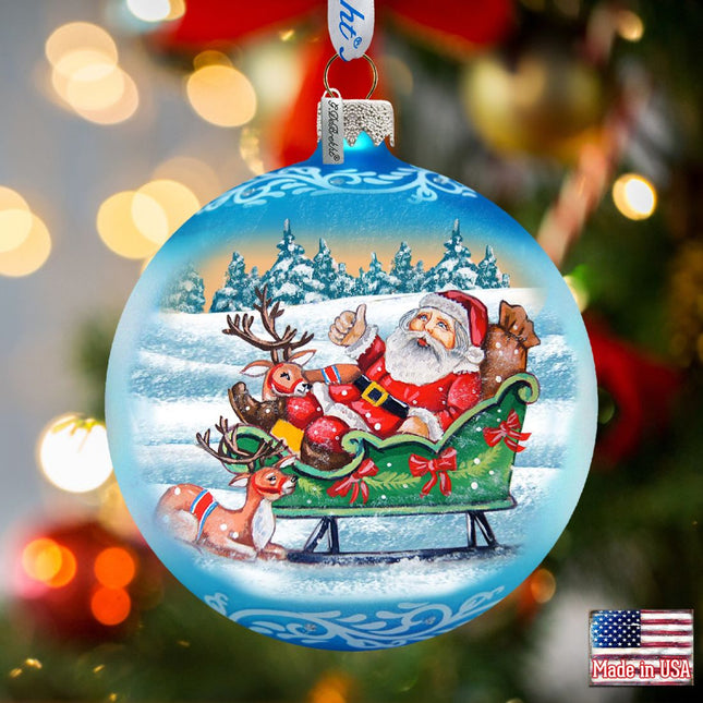 Reindeers Ride Santa Glass Ornament by G. DeBrekht - Christmas Santa Snowman Decor - 73363-0