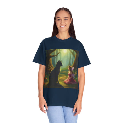 Fairy and Black Cat Forest T-Shirt — Enchanted Woodland Magic Tee