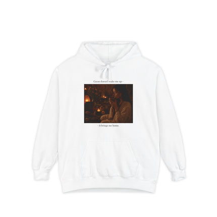 Unisex hoodie featuring a moody bohemian illustration of a woman holding a steaming ceremonial cacao cup