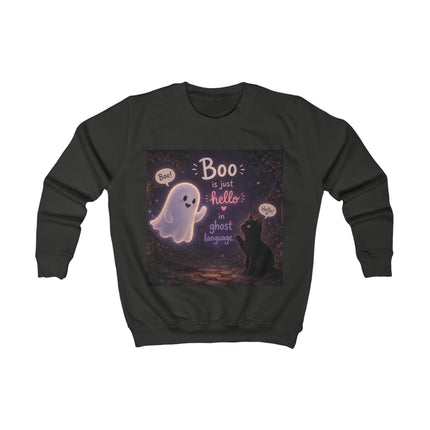 Kids Sweatshirt - "Boo is Just Hello in Ghost Language" Cute Ghost & Cat Halloween Pullover