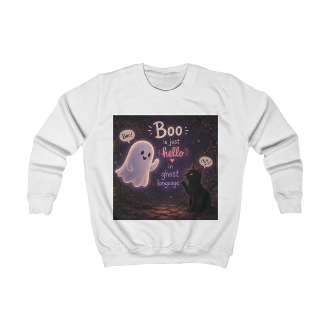 Kids Sweatshirt - "Boo is Just Hello in Ghost Language" Cute Ghost & Cat Halloween Pullover