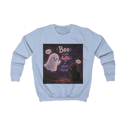 Kids Sweatshirt - "Boo is Just Hello in Ghost Language" Cute Ghost & Cat Halloween Pullover