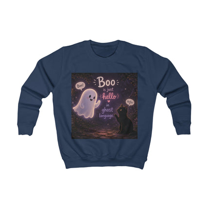 Kids Sweatshirt - "Boo is Just Hello in Ghost Language" Cute Ghost & Cat Halloween Pullover