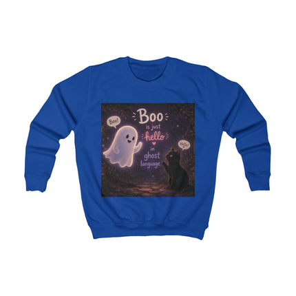 Kids Sweatshirt - "Boo is Just Hello in Ghost Language" Cute Ghost & Cat Halloween Pullover