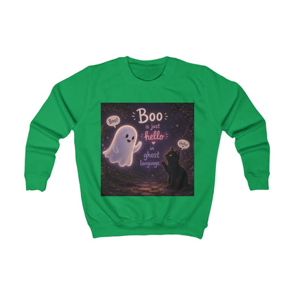 Kids Sweatshirt - "Boo is Just Hello in Ghost Language" Cute Ghost & Cat Halloween Pullover