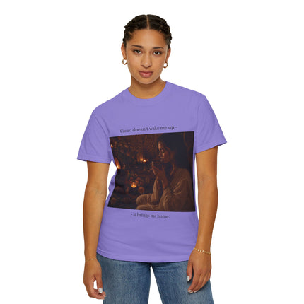 Cacao Doesn't Wake Me Up T-Shirt — Cozy Candlelit Illustration Tee
