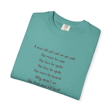 Poem & Owl Graphic T‑Shirt — 'A wise old owl...' Nature Poetry Tee