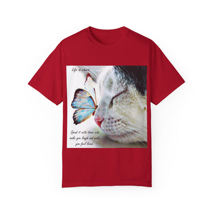 Inspirational Cat & Butterfly T-Shirt | Life is Short Quote
