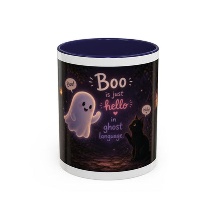 Halloween Ghost Coffee Mug — “Boo is just hello in ghost language” Accent Mug