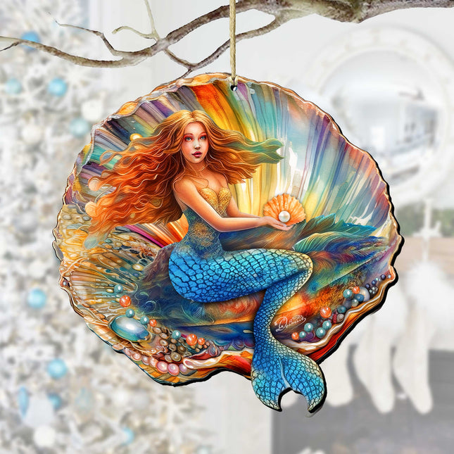 Nautical Christmas Decor - Mermaid in the Shell Wooden Ornaments by G.Debrekht Coastal Holiday Decor - 8688200-0