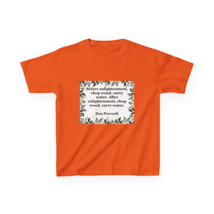 Kids Tee — 'Before enlightenment, chop wood...': Zen Proverb Kids T-Shirt (Leaf Border)