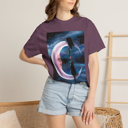 Moonlight Cats Graphic T‑Shirt — Romantic Crescent Moon Art Tee