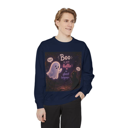 Halloween Ghost Sweatshirt – “Boo is just hello in ghost language” Cozy Pullover