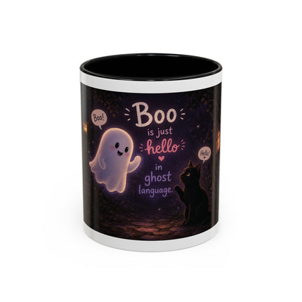 Halloween Ghost Coffee Mug — “Boo is just hello in ghost language” Accent Mug