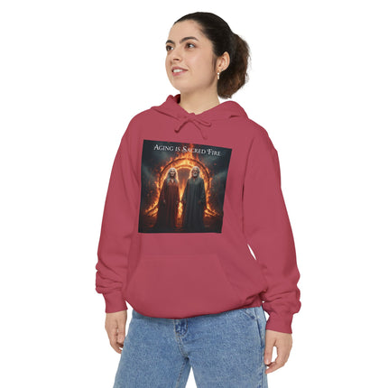 Hoodie - "Aging Is Sacred Fire" Fantasy Cloaked Figures Fire Portal Graphic Hoodie