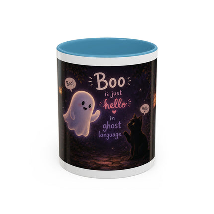 Halloween Ghost Coffee Mug — “Boo is just hello in ghost language” Accent Mug